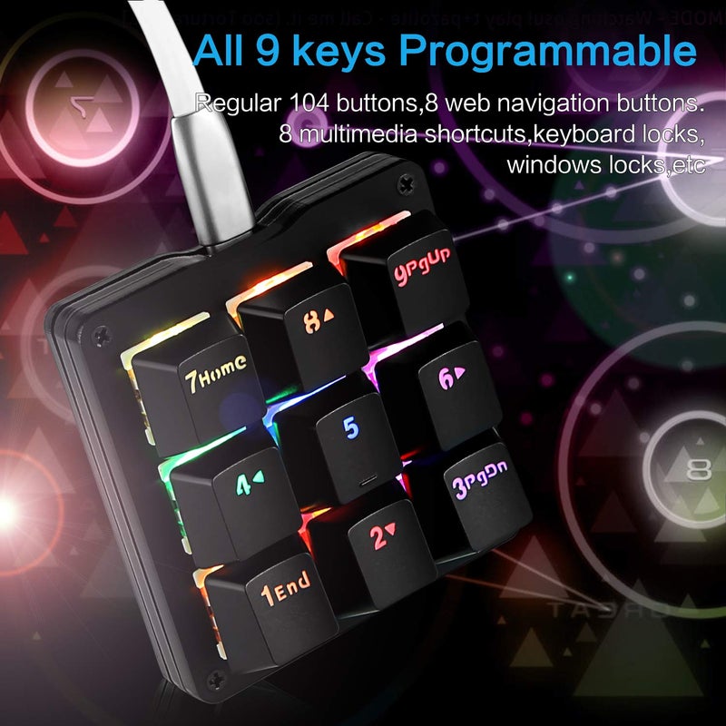 Koolertron One Handed Macro Mechanical Keyboard, RGB LED Backlit Portable Mini One-Handed Mechanical Gaming Keypad OSU! Keyboard 9 Fully Programmable Keys Blue Switches - Image 3